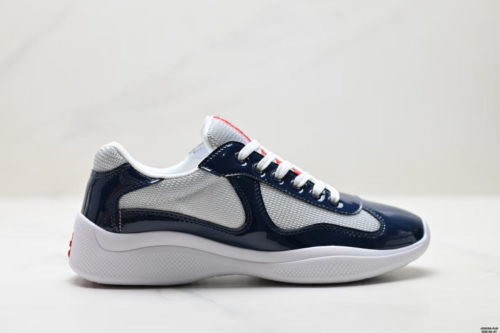 Prada America's Cup Low Top Sneakers  Leather Mesh Casual Walking Shoes Navy Blue & Silver