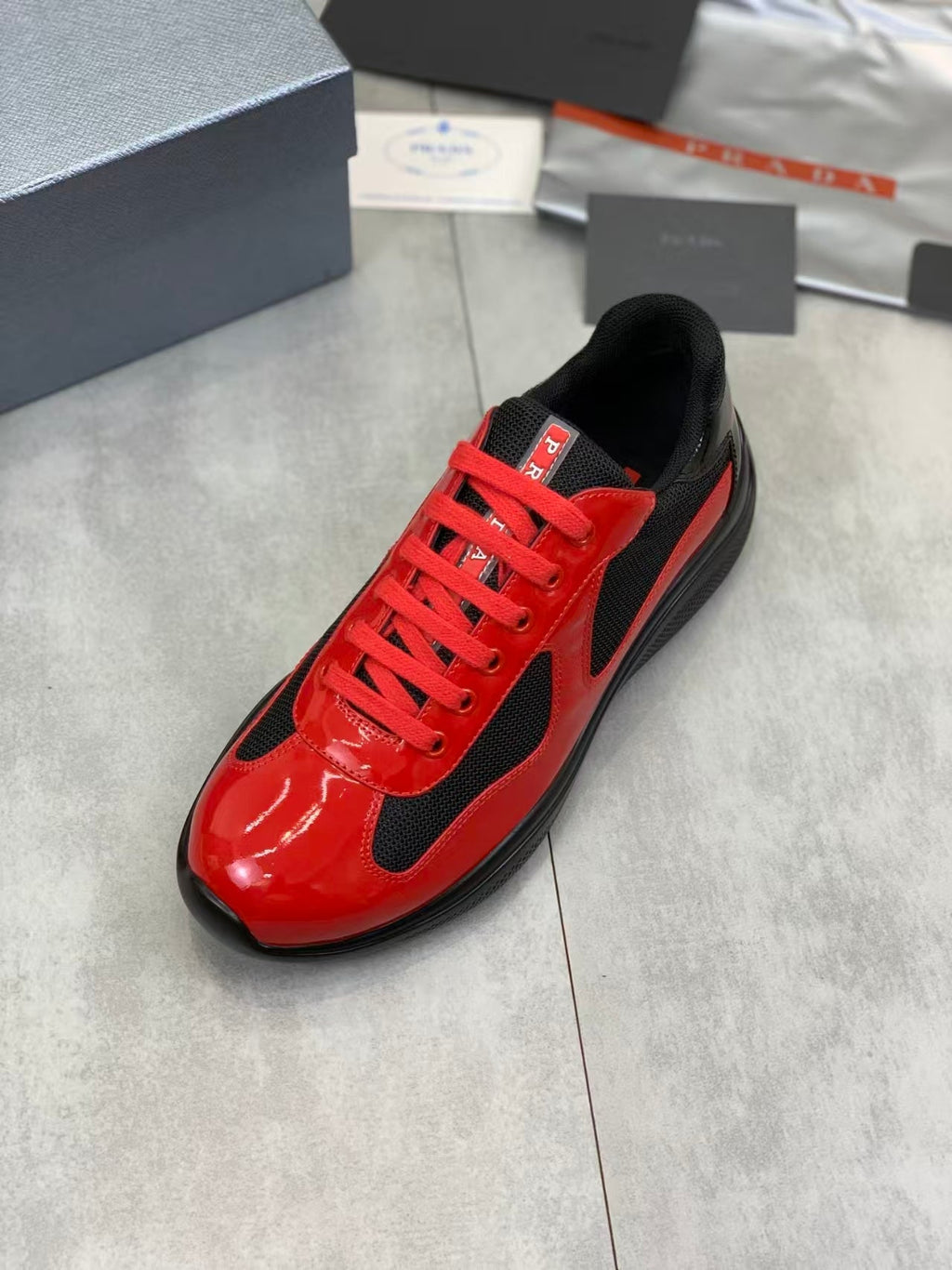 Prada America's Cup Low Top Sneakers  Leather Mesh Casual Walking Shoes Unisex black/red