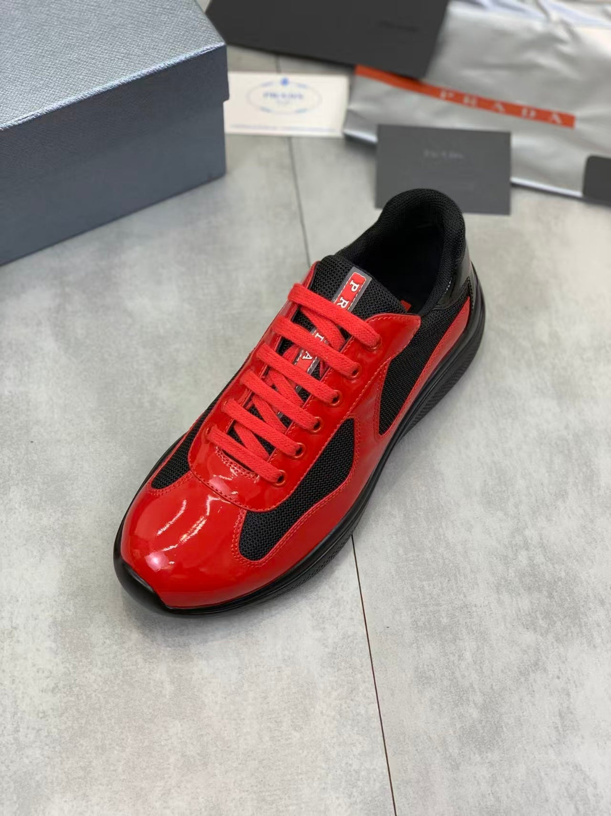 Prada America's Cup Low Top Sneakers  Leather Mesh Casual Walking Shoes Unisex black/red
