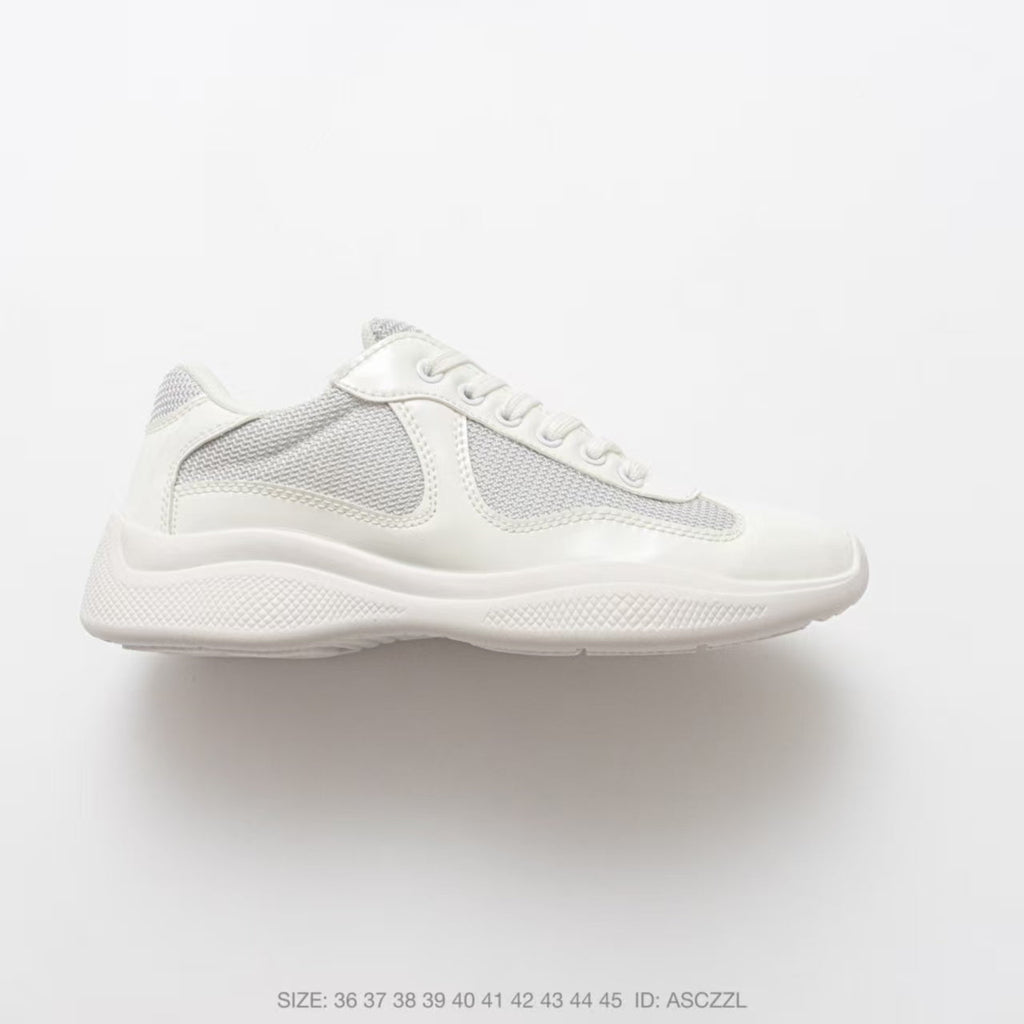 Prada America's Cup Low Top Sneakers  Leather Mesh Casual Walking Shoes Unisex Off White & Silver