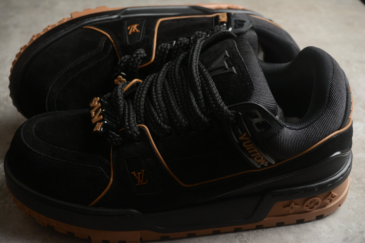 Louis Vuitton LV Trainer Leather Sneaker Unisex Black Suede Tan Outline