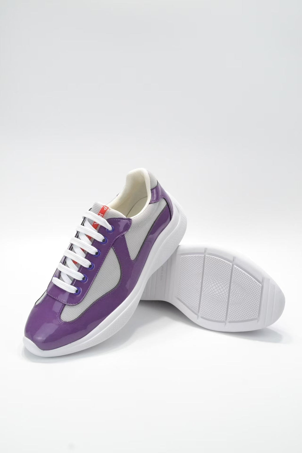 Prada America's Cup Low Top Sneakers  Leather Mesh Casual Walking Shoes Unisex Purple & Silver