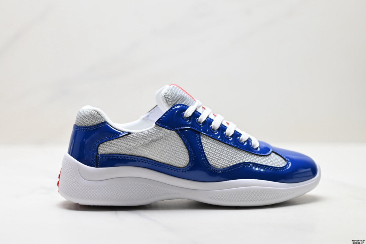 Prada America's Cup Low Top Sneakers  Leather Mesh Casual Walking Shoes Unisex Aviation Blue / Silver