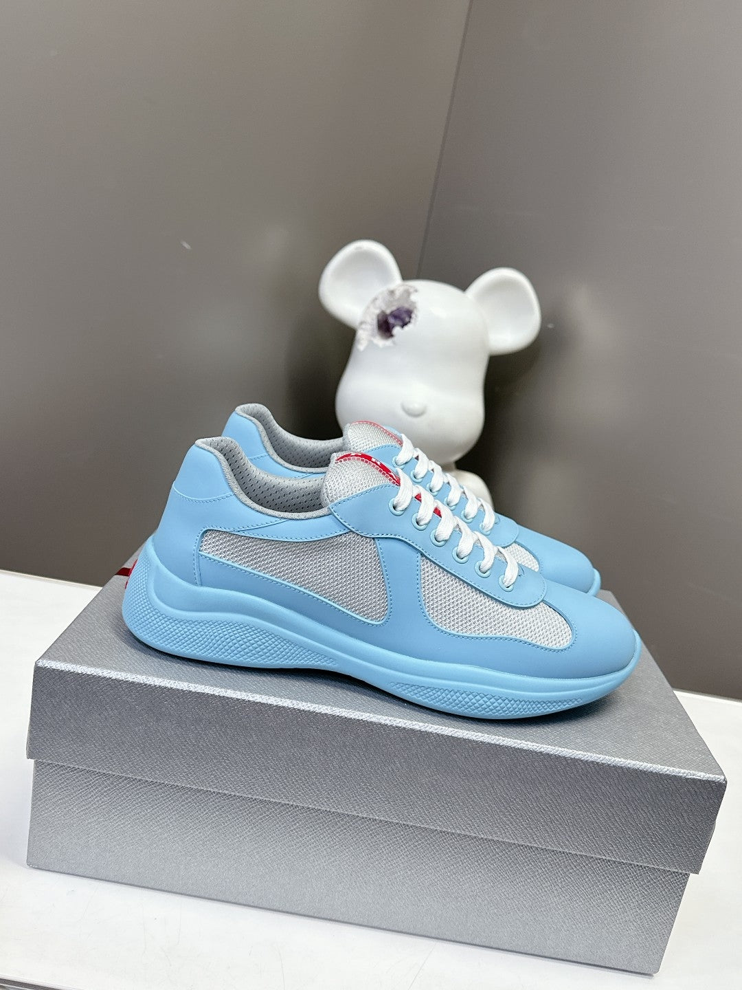 Prada  America's Cup Low Top Sneakers  Leather Mesh Casual Walking Shoes Unisex Sky Blue & Silver
