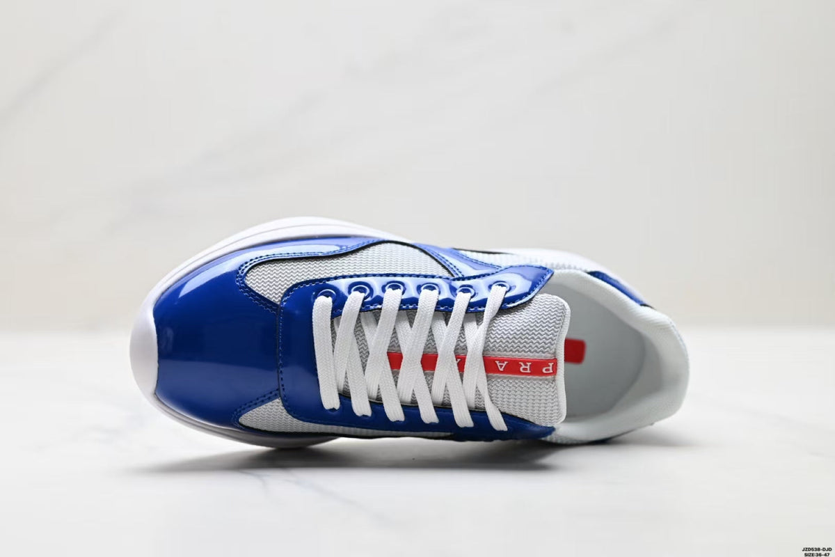 Prada America's Cup Low Top Sneakers  Leather Mesh Casual Walking Shoes Unisex Aviation Blue / Silver