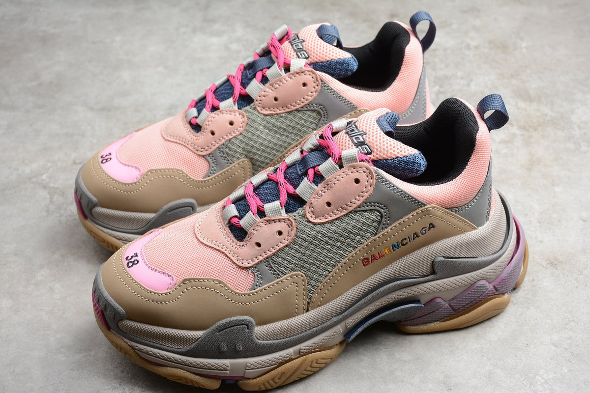 Balenciaga Triple S Thick Sole Running Sneakers for Men and Women Pink Khaki Rainbow