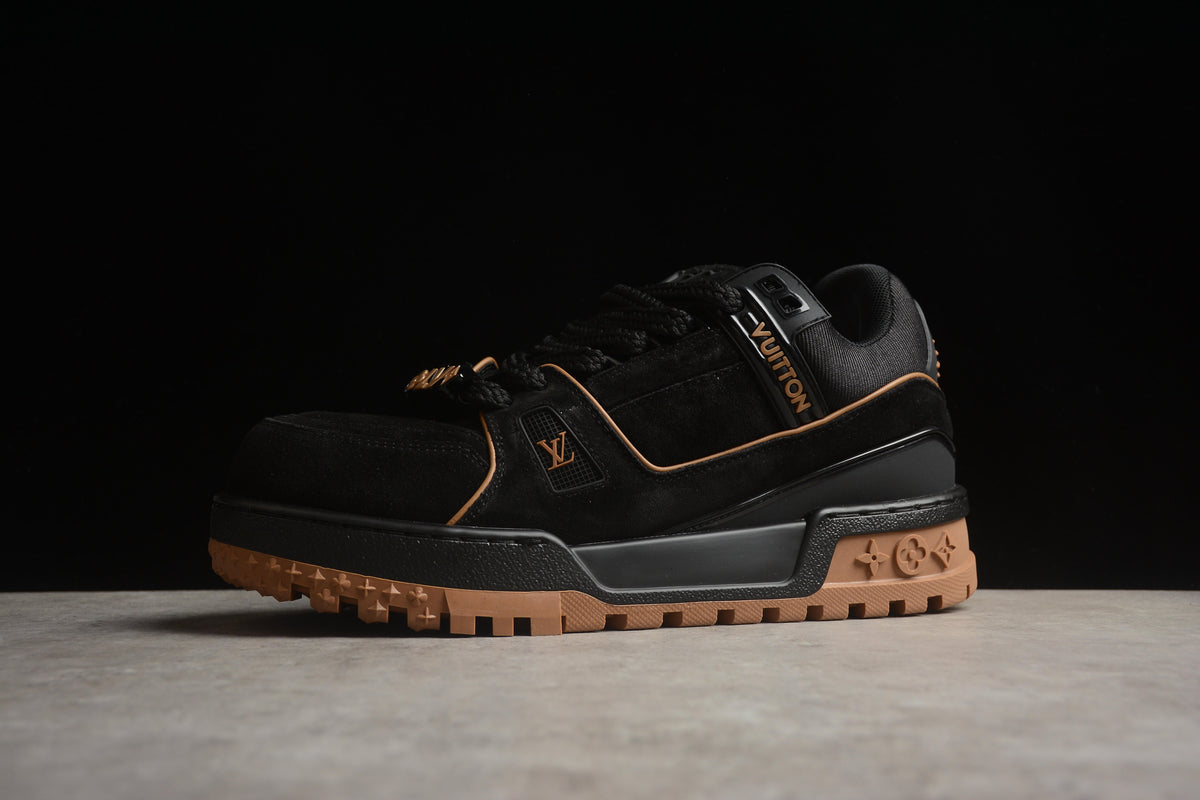 Louis Vuitton LV Trainer Leather Sneaker Unisex Black Suede Tan Outline