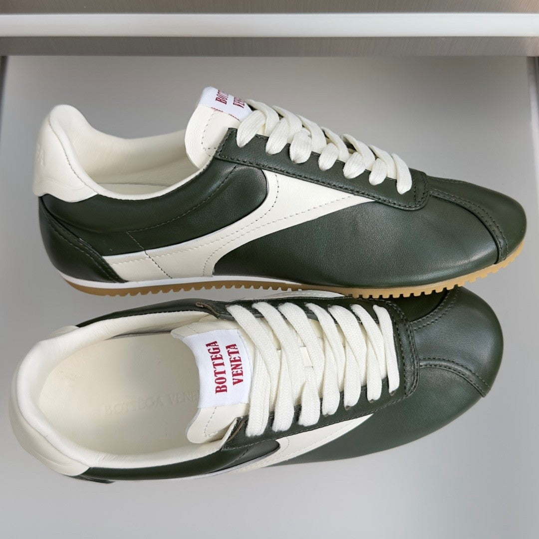 Bottega  Veneta BV Shot Unisex Slim Leather Retro Sneakers  white Bark Green