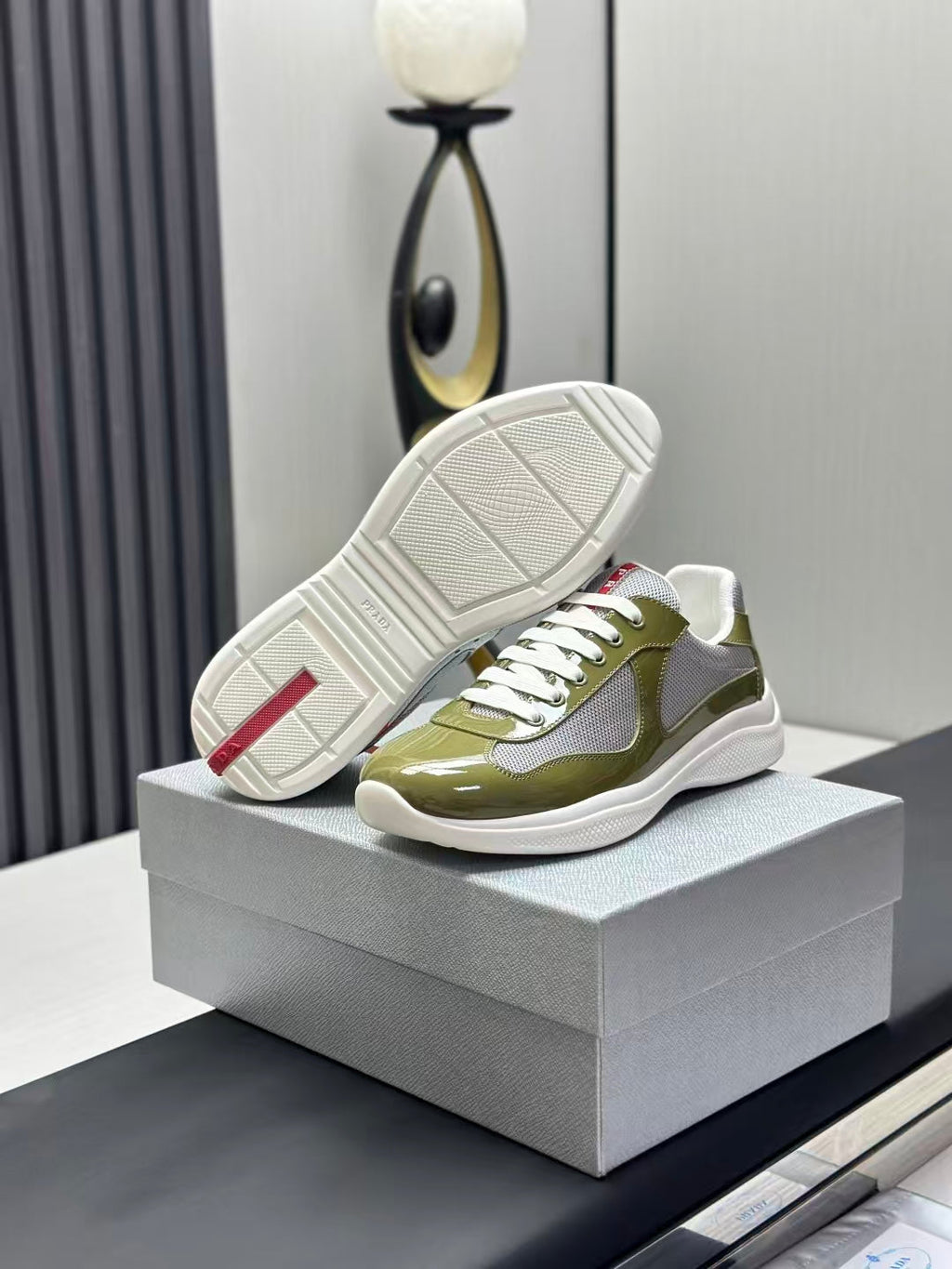 Prada America's Cup Low Top Sneakers  Leather Mesh Casual Walking Shoes Unisex green & Silver