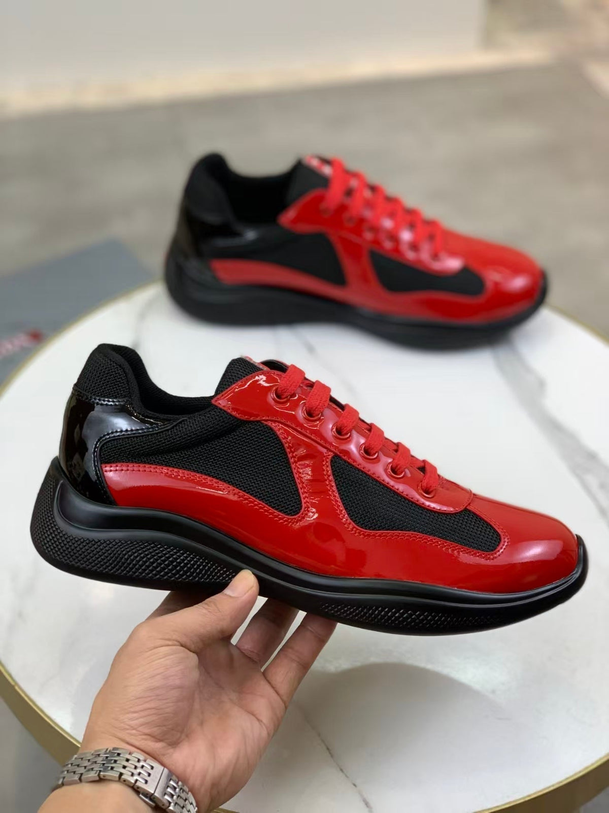 Prada America's Cup Low Top Sneakers  Leather Mesh Casual Walking Shoes Unisex black/red
