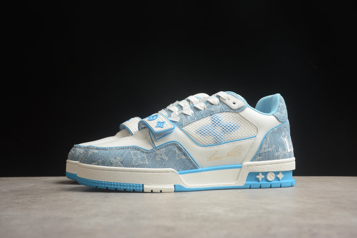 Louis Vuitton LV Trainer Leather Sneaker Unisex White Light Blue Denim
