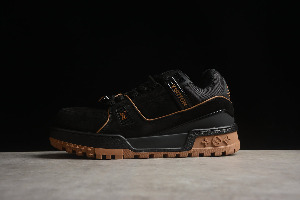 Louis Vuitton LV Trainer Leather Sneaker Unisex Black Suede Tan Outline