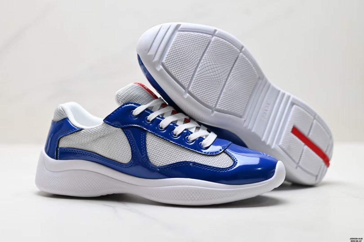 Prada America's Cup Low Top Sneakers  Leather Mesh Casual Walking Shoes Unisex Aviation Blue / Silver