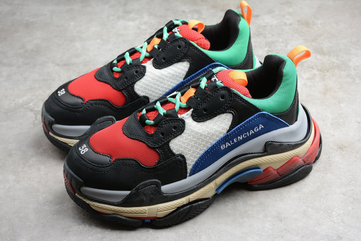 Balenciaga Triple S Thick Sole Running Sneakers for Men and Women Black Red Multi-color